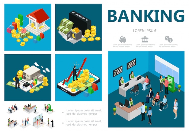 Isometric bank composition with building coins money case safe online banking investments clients receptionist cashiers managers consultants