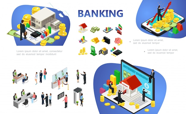 Isometric banking composition with financial elements and objects businessmen online payments clients bank employees