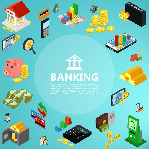 Isometric banking elements composition with building mobile payment gold bars coins money safe deposit atm machine credit cards calculator piggy bank