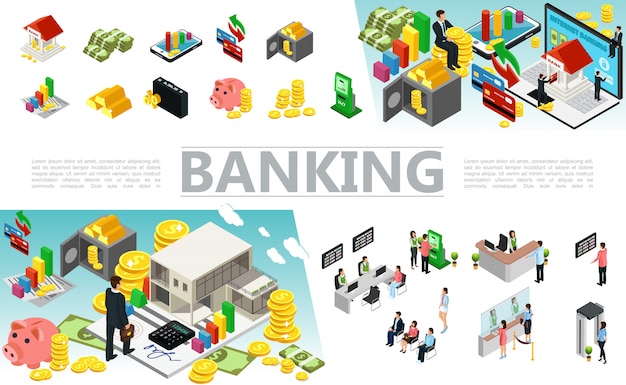 Isometric banking elements set with money payment cards safe case coins gold bars atm machine bank workers and clients in different situations