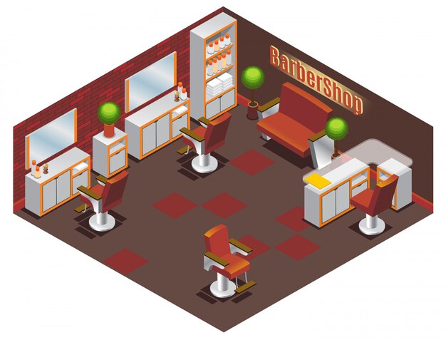 Isometric barber shop interior concept with tables chairs sofa plants mirrors towels and professional accessories isolated 