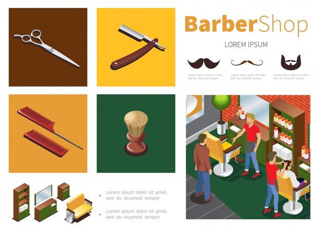 Isometric barber shop template with hairdressers clients cupboard mirror sofa chairs scissors razor shaving brush combs mustache beard silhouettes