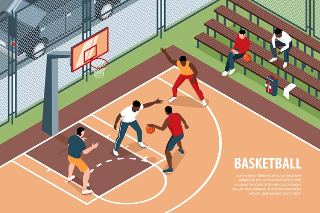 Isometric basketball illustration with editable text and view of playground with playing athletes and viewers