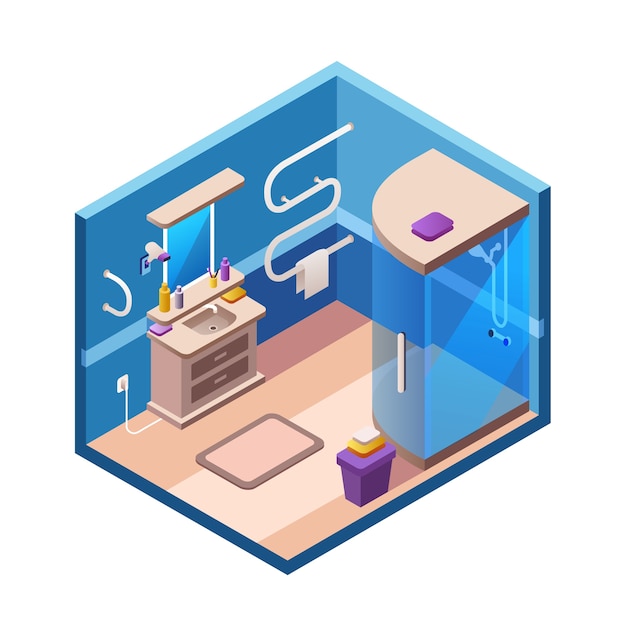 Isometric bathroom interior section template. 3d modern home, hotel apartment