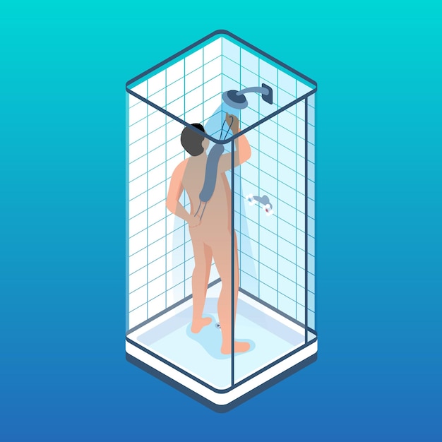 Free Vector isometric bathroom personal hygiene procedure concept with man taking shower on gradient background vector illustration