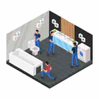 Free vector isometric bathroom renovation concept with professional workers install toilet bowl bath and hang mirror