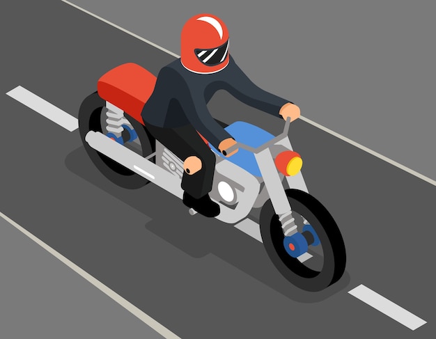 Free Vector isometric biker on the road top side view. motorbike transport, sport and speed, vehicle and rider