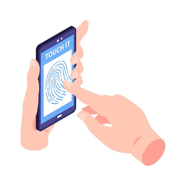 Free vector isometric biometric identification icon with human hands using fingerprint recognition on smartphone 3d vector illustration