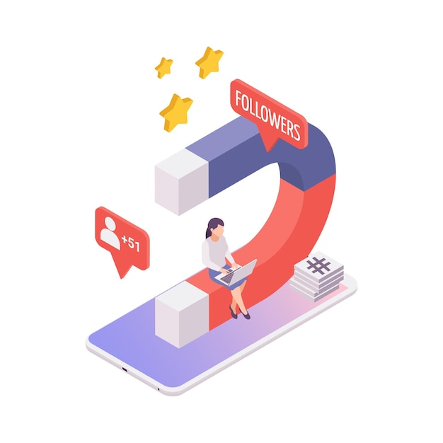 Isometric blogging concept with magnet for attracting followers 3d illustration