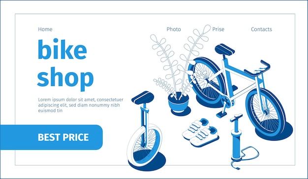 Isometric blue and white bike shop banner with 3d bicycle  inflator and shoes