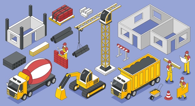 Free Vector isometric builders engineer architect outline set of isolated icons and images of construction materials and machinery vector illustration