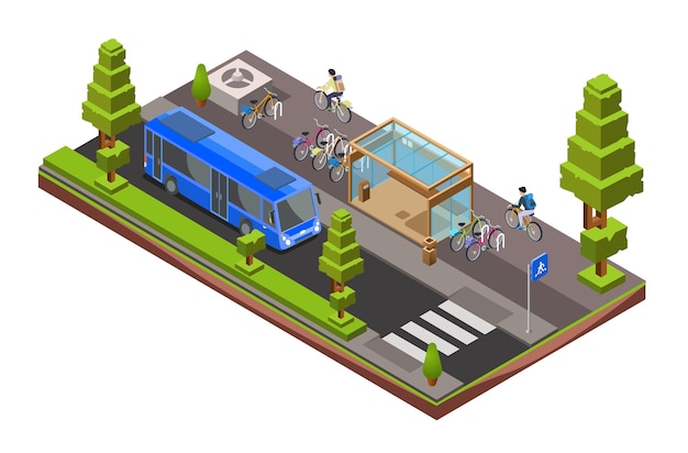 isometric bus stop cross section. 3d city glass station with parked bicycles, cyclists