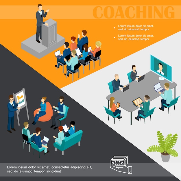 Isometric business coaching colorful template with businessman speaking at podium staff online training and personnel take part in conference