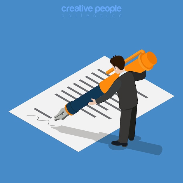 Free Vector isometric business concept. micro office worker man sign approve by printed document huge ink pen