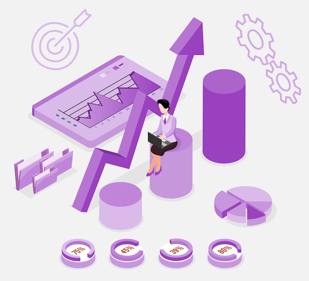 Free Vector isometric businesswoman lead and present businesspeople for training business plan and goals