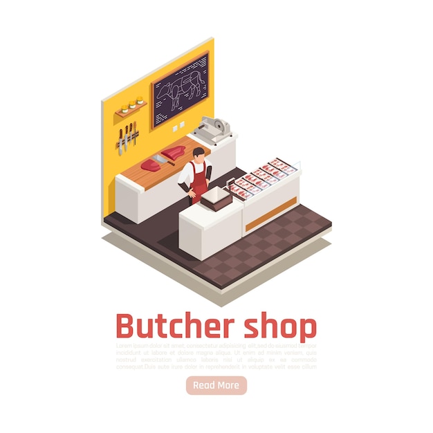 Isometric butcher shop banner template