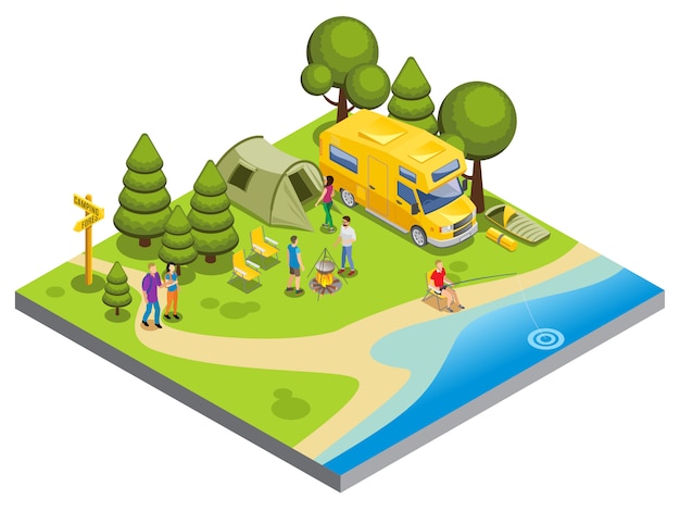 Isometric camping concept with people cooking food walking fishing tent travel bus