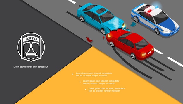 Free Vector isometric car accident composition with automobiles collision and police car on road