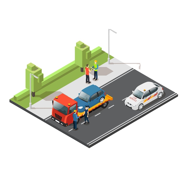 Free Vector isometric car evacuating service composition