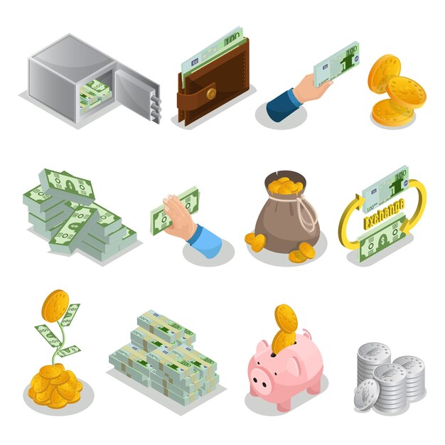 Isometric cash icons set with bank safe wallet currency bag of gold coins money tree piggy bank bitcoins isolated