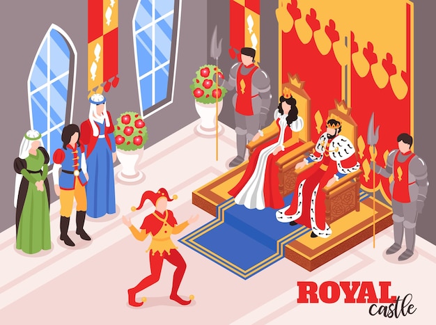 Isometric castle royal king queen interior indoor composition with characters of courtiers and crown bearing persons  illustration