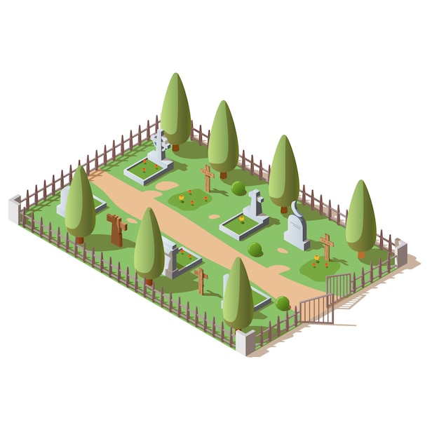 Free Vector isometric cemetery for deaded with crosses and tombstones