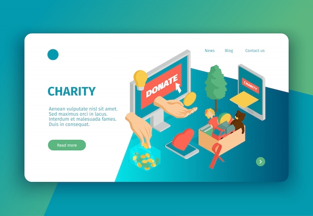 Free Vector isometric charity concept landing page with clickable links text and conceptual images of donations and electronic gadgets vector illustration