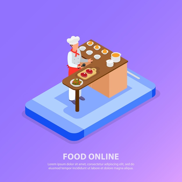 Isometric chef cooking italian food and phone concept 3d vector illustration