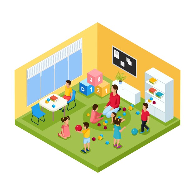 Isometric Children In Kindergarten Concept