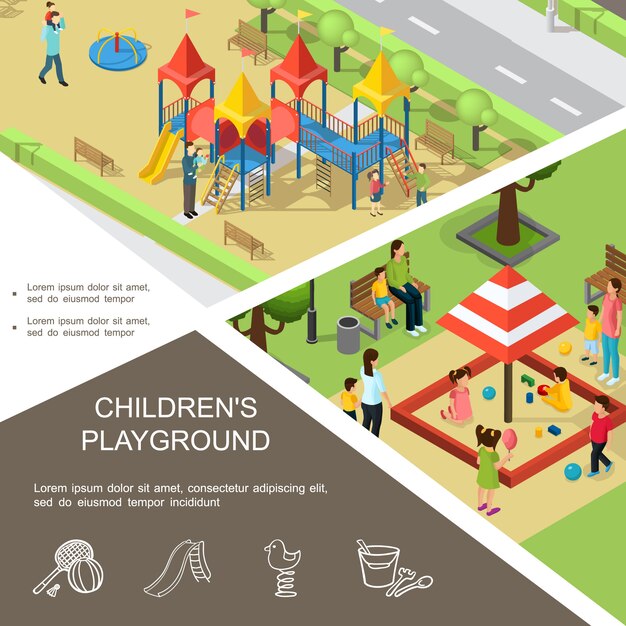 Isometric children playground composition with kids playing in sandbox and on slides parents tennis racket spring toy bucket rake icons