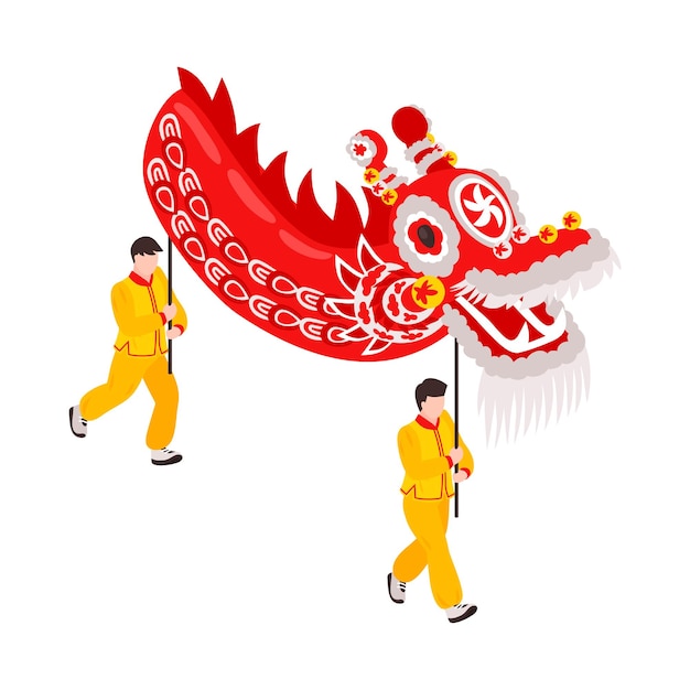 Isometric chinese new year composition with two human characters holding poles carrying fabric dragon vector illustration