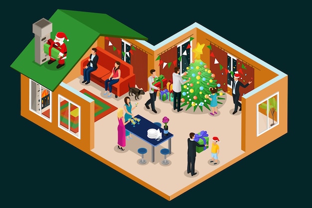 Isometric Christmas Holiday concept with people celebrating New Year in house and Santa Claus with gifts on roof isolated