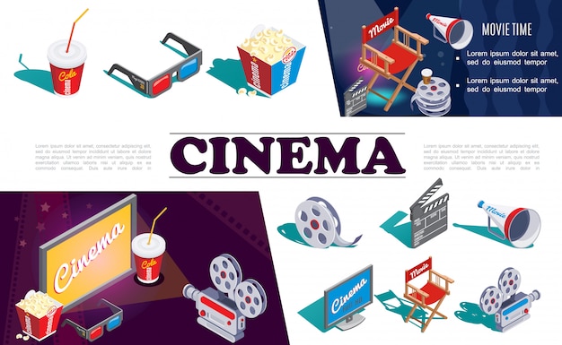 Isometric cinema elements composition with camera 3d glasses popcorn soda film reel director chair megaphone clapperboard screen