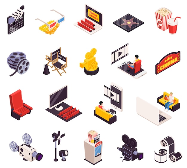 Isometric cinema icons collection of sixteen isolated images with movie making tools auditorium furniture and people vector illustration