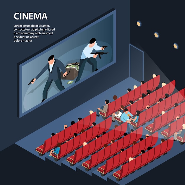 Isometric cinema illustration with indoor view of movie theater plex with seats audience and editable text 