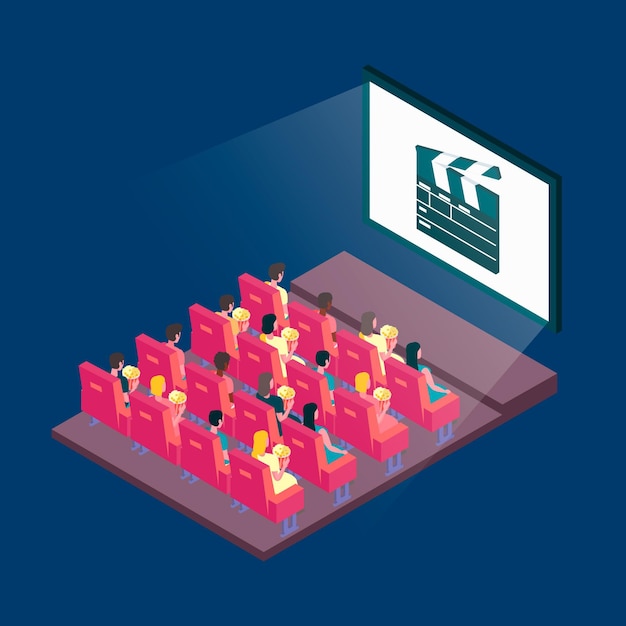 Isometric cinema illustration with spectators