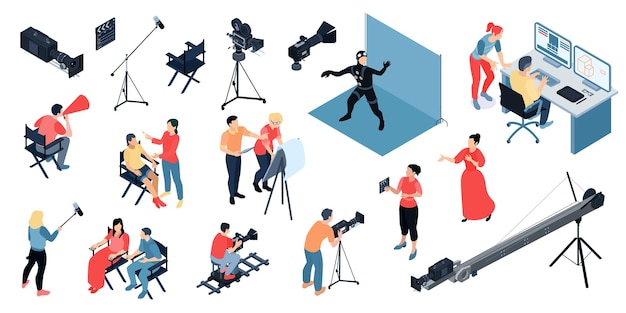 Isometric cinema production cinematography set with isolated icons of shooting equipment with people on blank background vector illustration