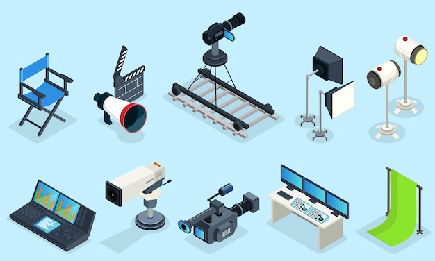 Isometric cinematography elements set with director chair different video cameras