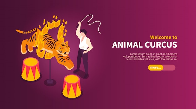 Isometric circus performers show horizontal banner with images of wild animal tamer and tiger with text vector illustration