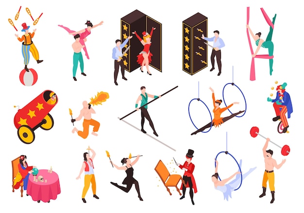 Free Vector isometric circus set with isolated icons of props with characters of performers artists on blank background vector illustration