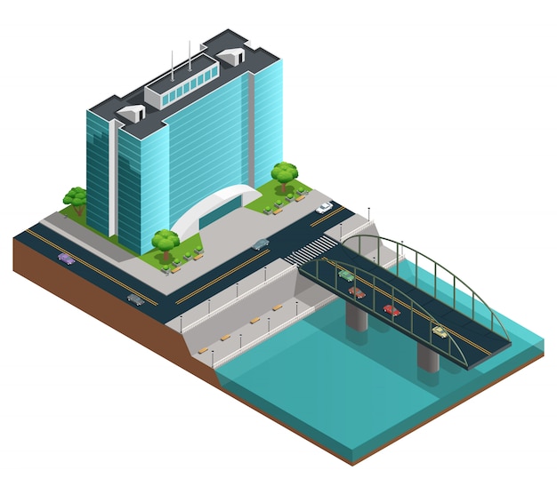 Free Vector isometric city composition with many-storeyed modern building on bank of canal 