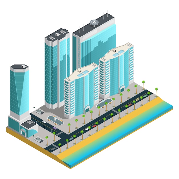 Isometric city composition with modern skyscrapers and many storeyed houses on sea coast 