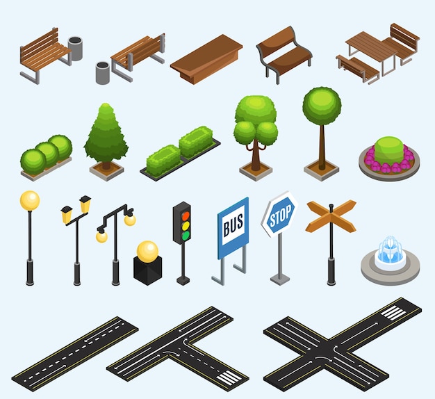 Free vector isometric city elements collection with benches trash bins plants poles lanterns traffic light fountain road signs isolated