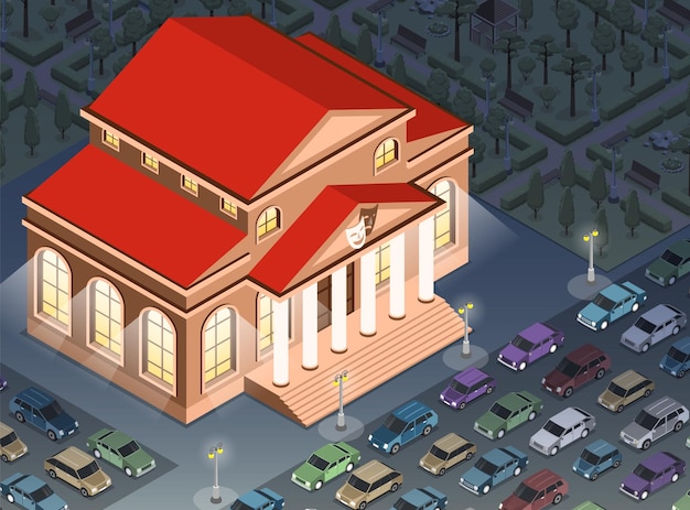 Free Vector isometric city fragment with theater building and lot of parked cars nearby vector illustration