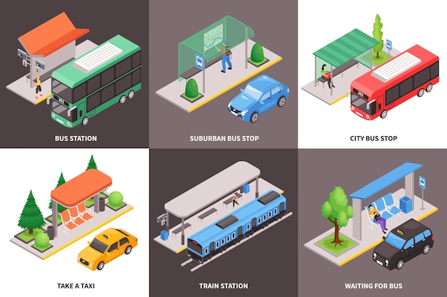 Free Vector isometric city public transport card set