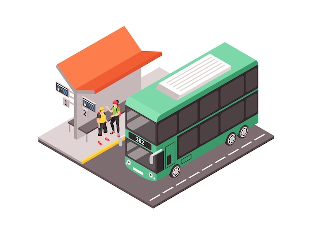 Isometric city public transport illustration with two people and double decker bus 3d