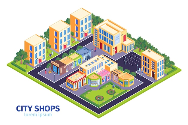 Isometric city shops illustration