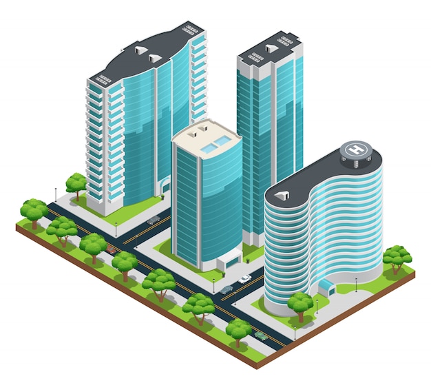 Isometric cityscape composition with modern skyscrapers and green yards on white background