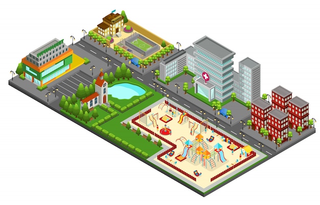 Isometric cityscape concept with kids playground lake hospital church school supermarket living buildings isolated 