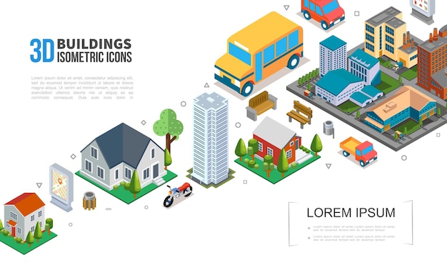 Isometric cityscape elements collection with city buildings skyscraper suburban houses vehicles trash trees benches  illustration